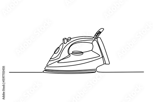 Electric steam iron appliance side view in one line vector illustration