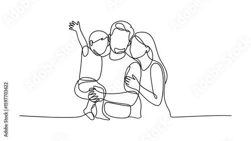 Happy family hugging father mother child line drawing sketch vector illustration
