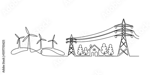 Green energy windmill and house with electric tower in line art vector illustration