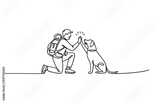 Hiker giving high five to dog, friendship outdoor concept in line drawing vector illustration
