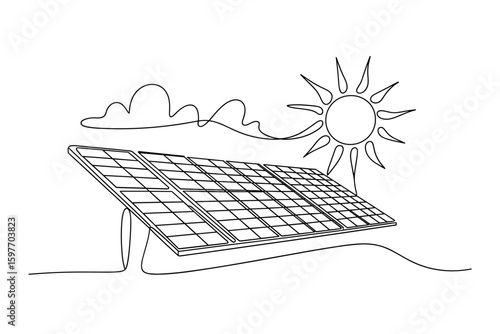 Solar energy concept with sun and panels in line art style vector illustration