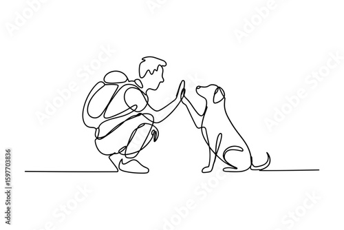 Man squatting to high five his dog in single line art style vector illustration
