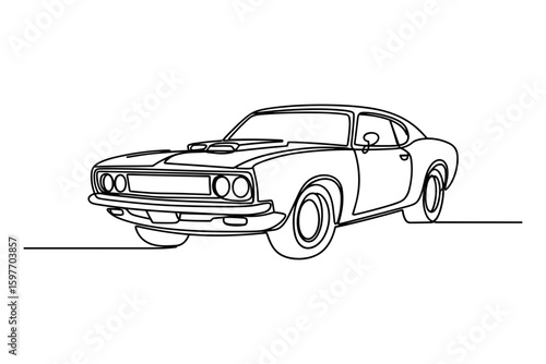 Retro American muscle car front view outline drawing vector illustration