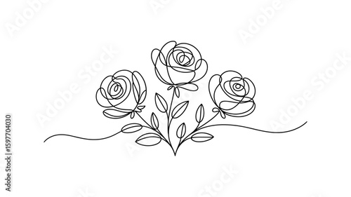 Three blooming roses floral decoration in single line art vector illustration
