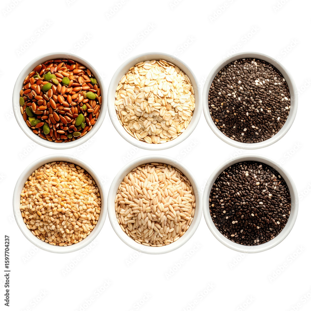 Six white bowls filled with assorted healthy seeds and grains top viewisolated on transparent background. PNG die-cut for advertising Six white bowls filled with assorted healthy seeds and grains top viewisolated on transparent background. PNG die-cut for advertising