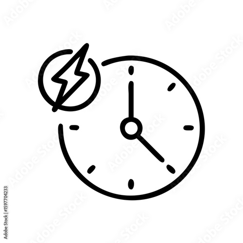 A minimalist line icon of a clock with a lightning bolt, symbolizing urgent time or fast delivery. Ideal for blogs on efficiency, deadlines, or rapid service.