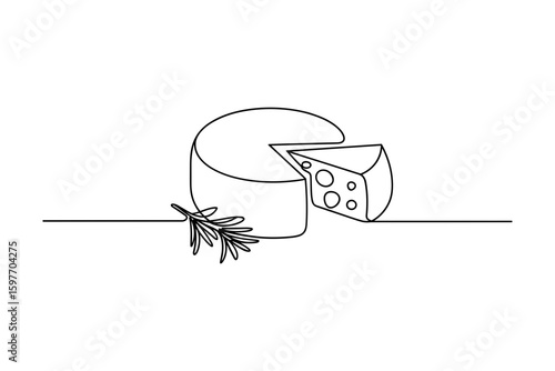 Cheese wheel and slice with herb outline vector illustration.
