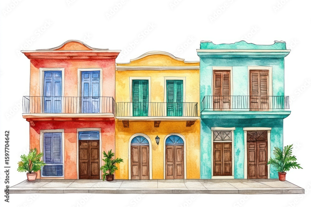 Fototapeta premium Cuban row houses architecture illustration watercolor.