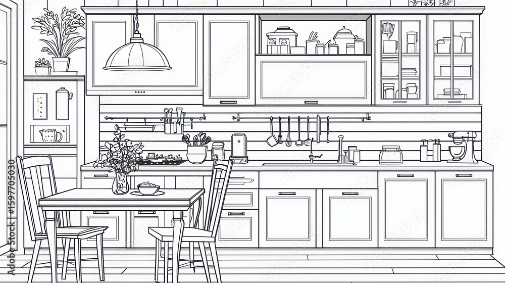Fototapeta premium Detailed line drawing of a cozy kitchen interior.