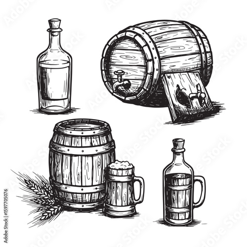 Hand drawn beer barrel and bottles illustration for brewery or pub design