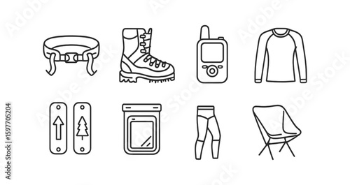 Hiking and camping outline icon set. adventure gear, wilderness symbols collection