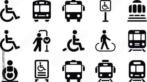 Collection of black and white public transportation and accessibility icons set up