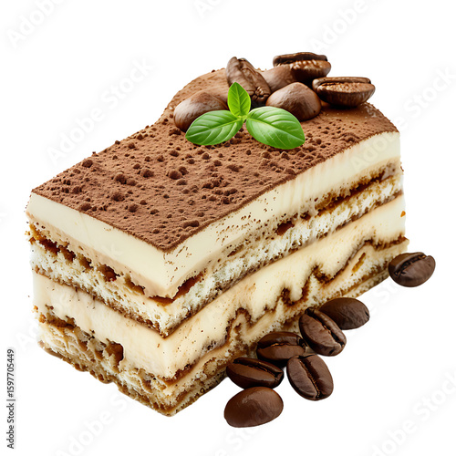 Slice of Tiramisu Cake with Coffee Beans and Mint Garnish
