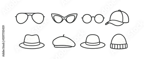 Fashion accessories icon set. stylish hats and glasses in outline style