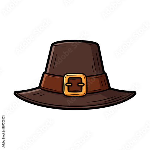 Pilgrim hat flat design, colored cartoon with line art and white background. AI generated image.