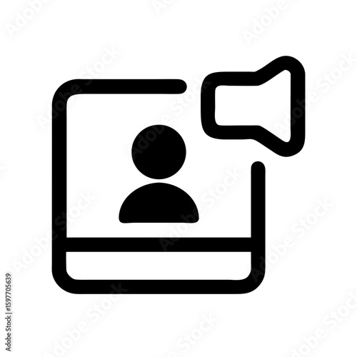 Black outline icon representing an active video call or audio/video content, showing a person's silhouette on a screen with a speaker/volume symbol. Great for communication apps, streaming services