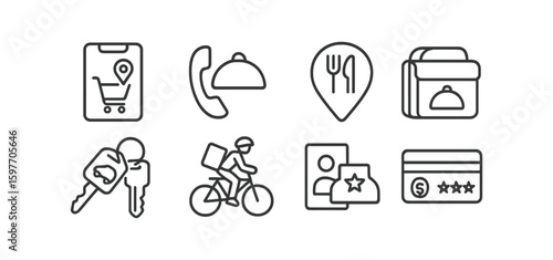 Food delivery line icon set. restaurant, order, bike, payment icons linear collection