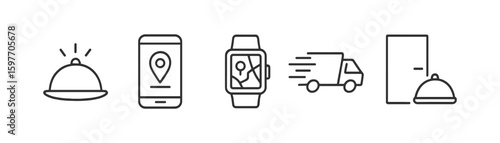 Food delivery and location icon set. watch, phone, doorstep, linear style icons