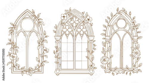 Floral gothic window frame vector art, vintage architectural design element, detailed line drawing, sketch illustration 