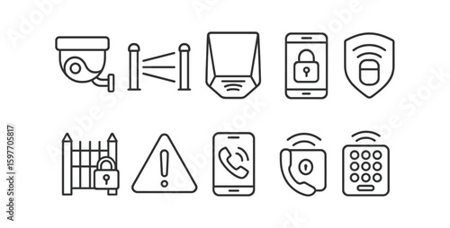 Security and safety line icon set. protection, alarm, surveillance outline collection