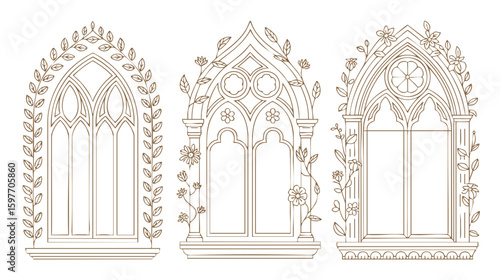 Floral gothic window vector design elements for architecture and stained glass art illustration drawing 