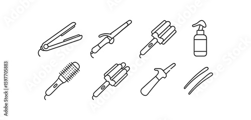Hair styling tools icon set in line style. curling irons, flat irons, brushes outlined