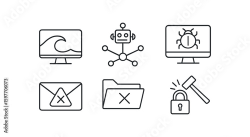 Cybersecurity, malware, threat linear icon set. security, protection icons line collection
