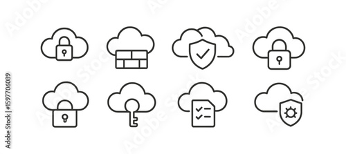 Cloud security outline icon set. data protection, firewall, key, lock icons