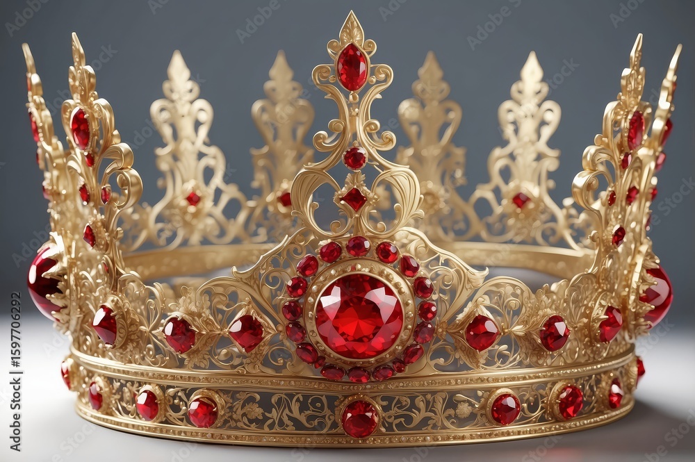 Obraz premium Ornate gold crown adorned with numerous deep red gemstones, intricate filigree detailing, displayed against a neutral gray backdrop