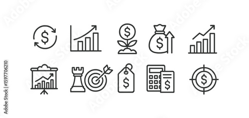 Finance and business line icon set. growth, money, strategy icons outline collection