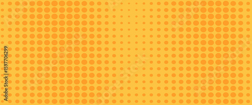 Yellow orange halftone pattern. Retro comic gradient background. Square pixilated dot cartoon texture. Pop art faded gradient pattern