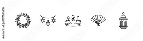 Holiday celebration outline icon set. christmas, hanukkah, diwali, festive decor icons