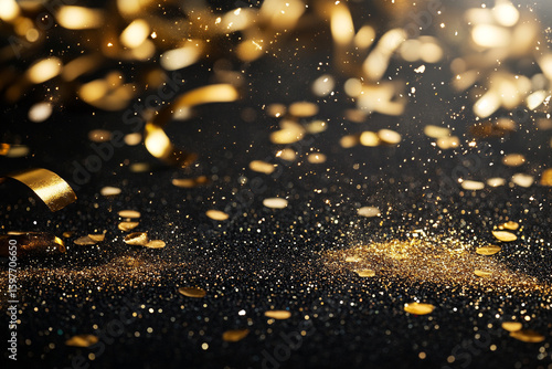 Golden celebration confetti and glitter falling on a dark background with elegant bokeh lights.