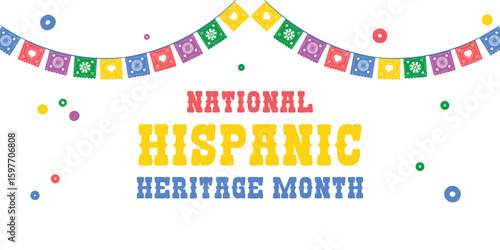 Hispanic heritage month. Vector web banner, poster, card for social media, networks. Greeting with national Hispanic heritage month text, Papel Picado pattern, perforated paper on black background.	