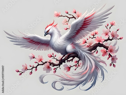 White phoenix bird with cherry blossoms art illustration fantasy creature design art
