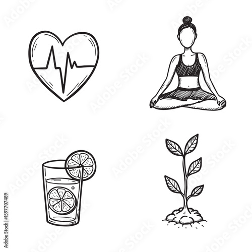 Hand drawn health and wellness icons including a heartbeat a yoga pose a glass of lemonade and a plant