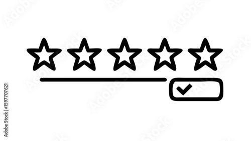 Minimalist black outline vector icon of five stars with a checkmark below, symbolizing quality rating, approval, and top performance. Clean design on a transparent background