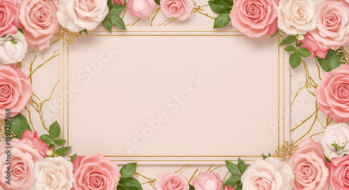 Floral frame with pink roses and blank space for text
