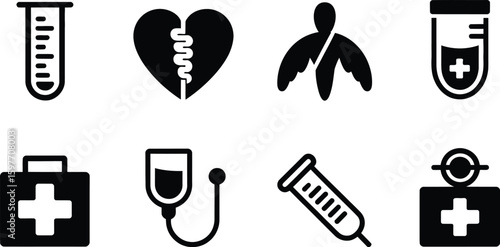 Collection of medical icons including a heart, test tubes, and first aid kits