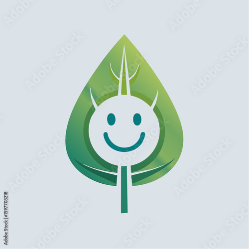 Leaf shape contains smiling face icon for natural well being concept
