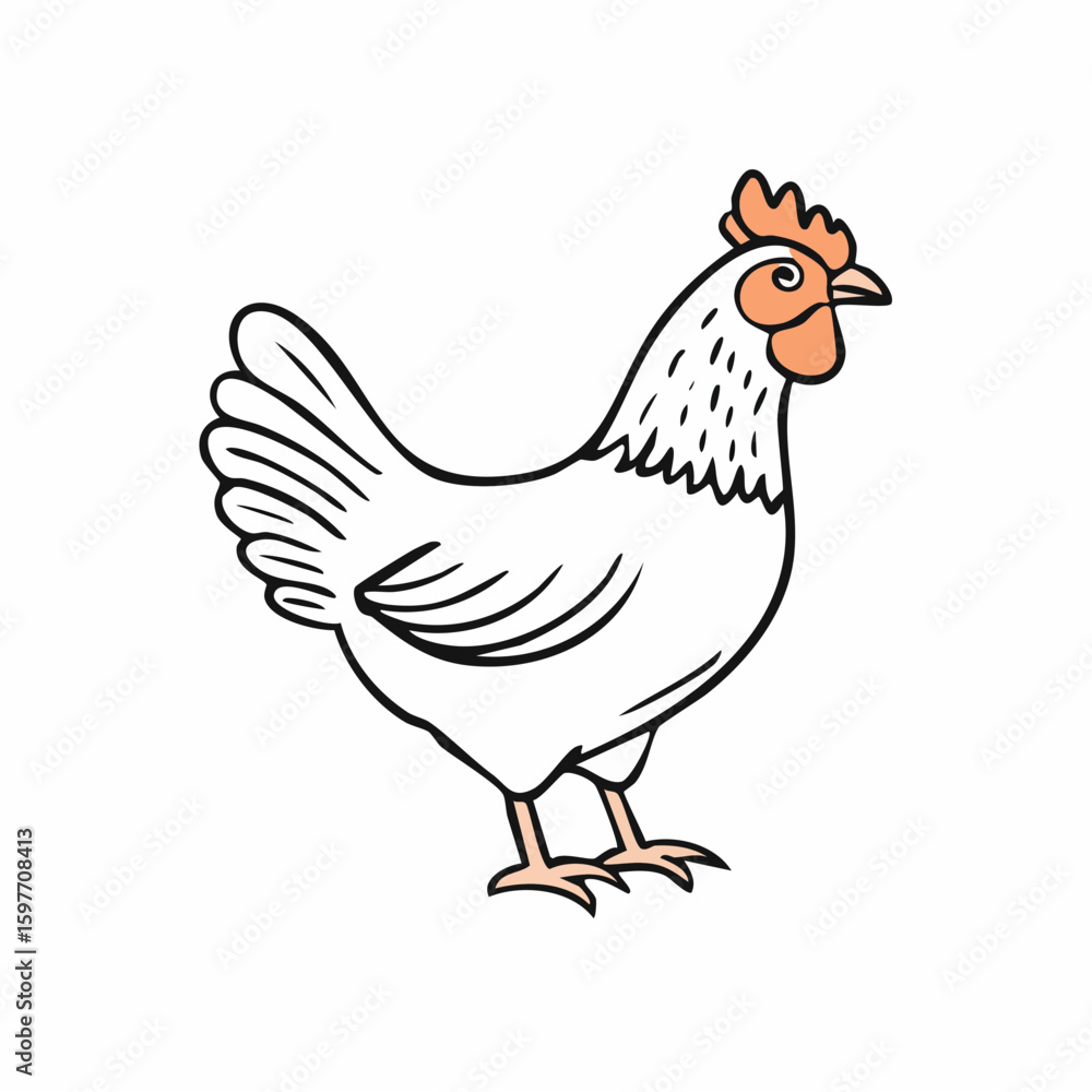 Fototapeta premium Stylized illustration of a white hen with orange comb standing on white