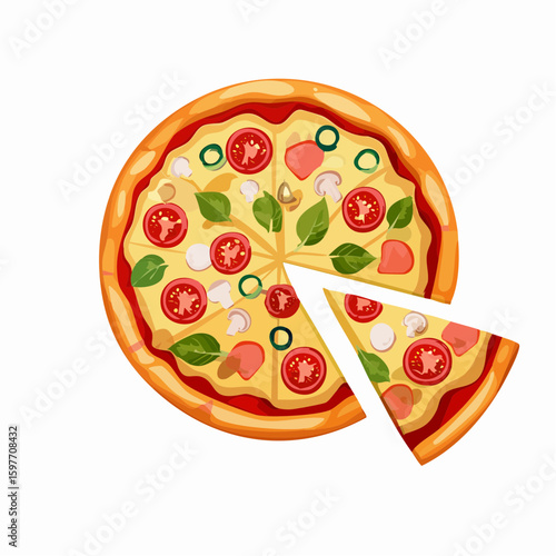 Pizza pie with toppings including tomato, basil, and mushroom slice