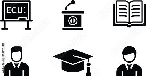 A collection of education related icons including a blackboard and graduation cap