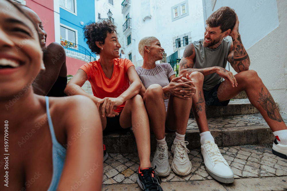 Obraz premium Group of diverse athletes relaxing together on city steps after workout