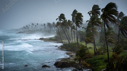 Tropical storm with bending palm trees, stormy skies, crashing ocean waves, and heavy rain, capturing the dramatic intensity and power of nature in a coastal setting .