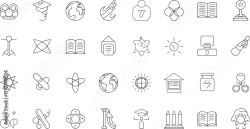 A collection of various outline icons representing education and science themes