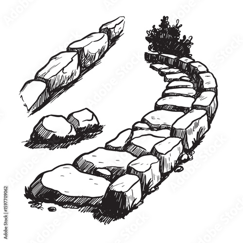 Hand drawn stone path and rocks illustration in black and white representing natural garden elements