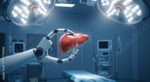 Robotic arm in a pristine operating room holding a hyperrealistic human liver model