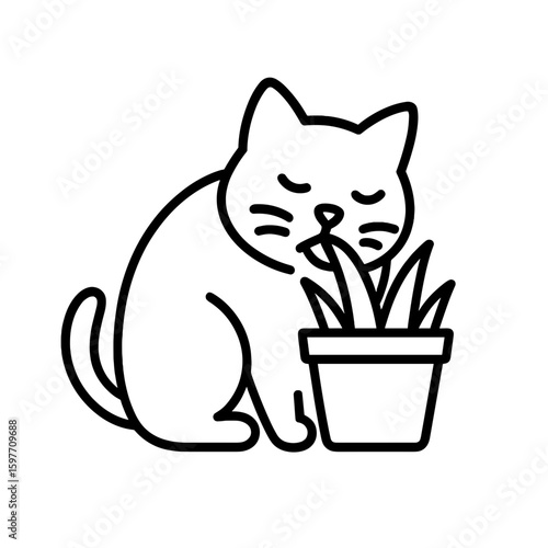 Cat eating grass from a flower pot with eyes closed  