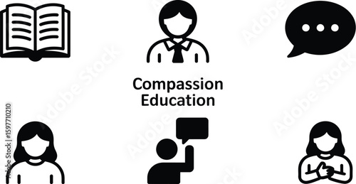 Icons depicting an open book, people, and a speech bubble with compassion education